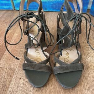 Sam Edelman Yardley Olive Suede Lace-Up Heeled Sandals - Size 7.5